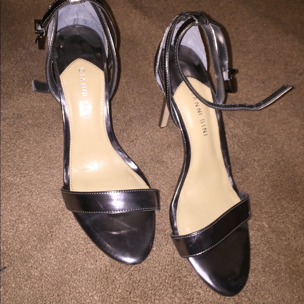 Strappy silver metallic heels